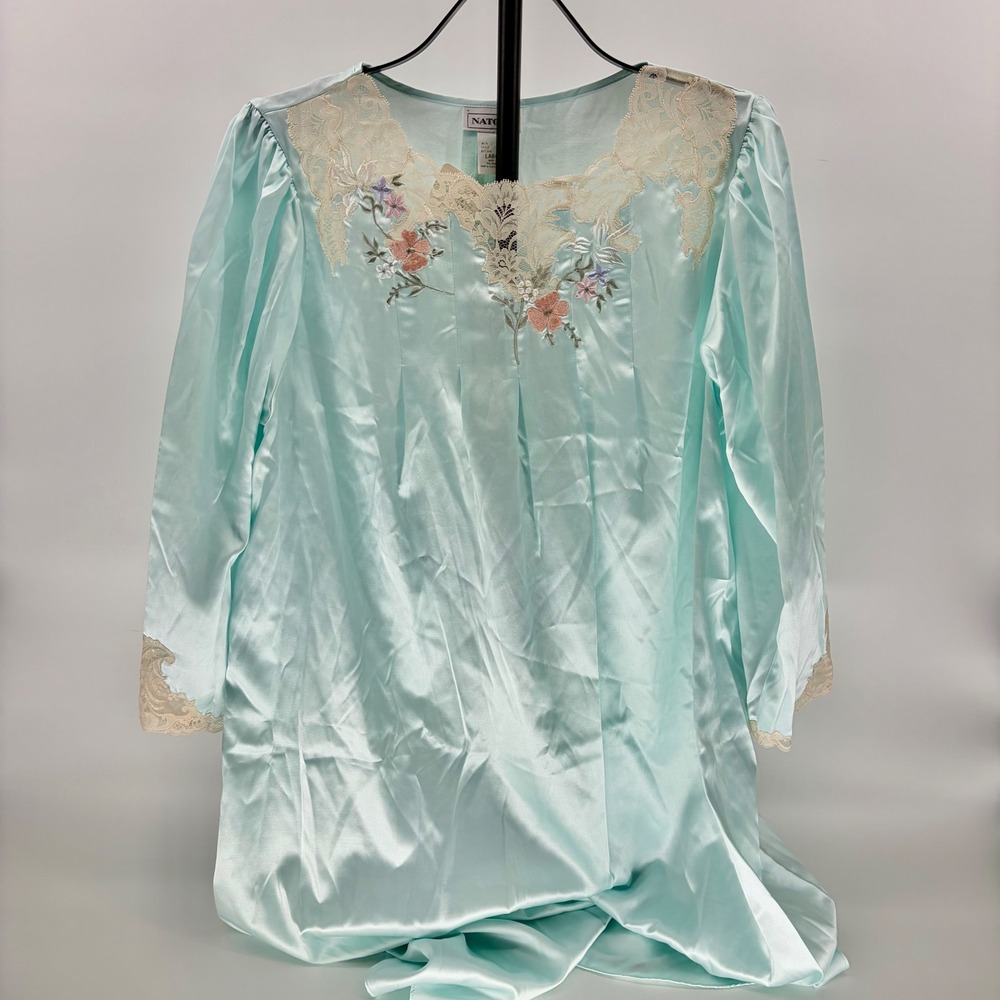 Natori Vintage Nightgown Aqua Blue Satin Lace Floral Embroidery Long Sleeve NEW